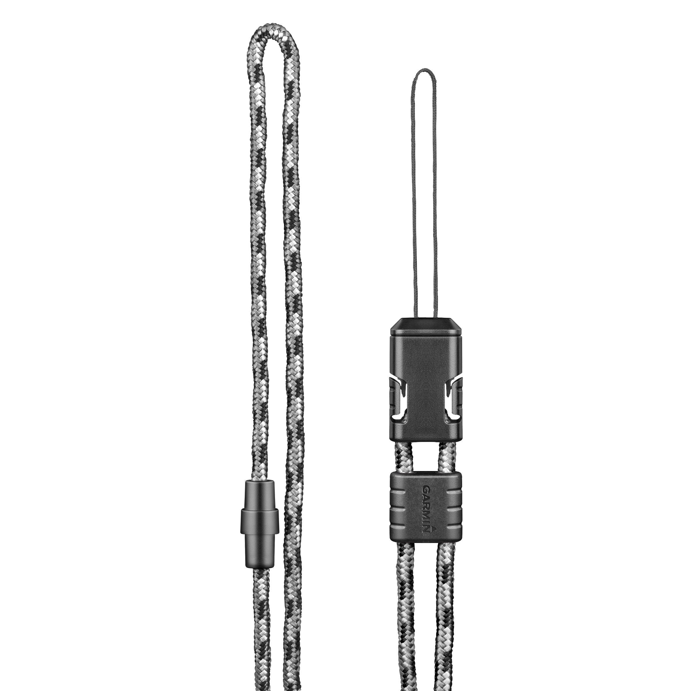 Garmin-Lanyard mit schwarzem Stecker. Das Lanyard ist grau mit Tarnmuster, auf weißem Hintergrund.