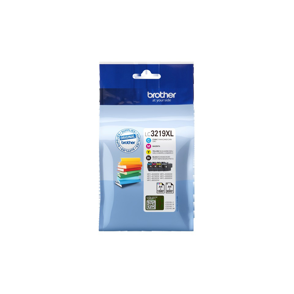 Brother Tintenpatronenpackung, zeigt Patronen und Farbcode, mit Brother-Logo.