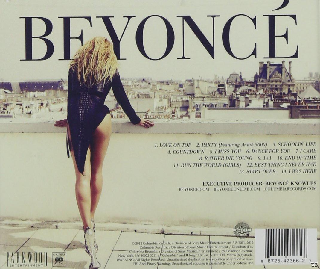 Rückseite des Beyoncé-CD-Covers mit einem Foto von ihr auf einem Dach und der Titelliste.