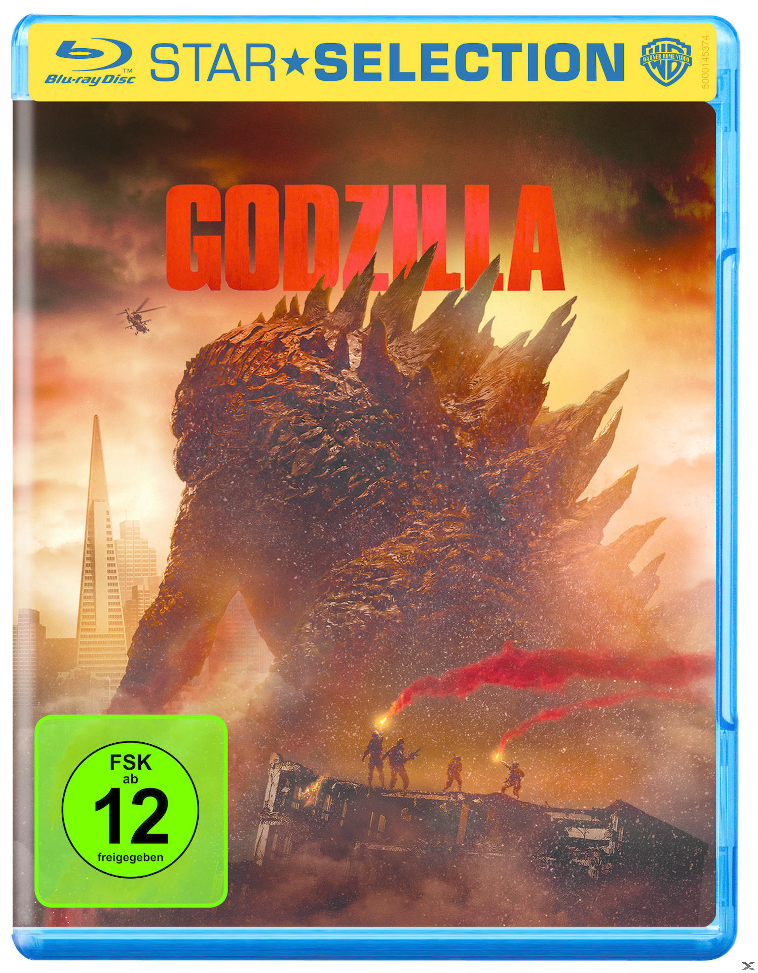 Godzilla Blu-ray-Cover. Godzillas Rückenflossen über einer Stadt. Der Himmel ist rot und Hubschrauber fliegen.