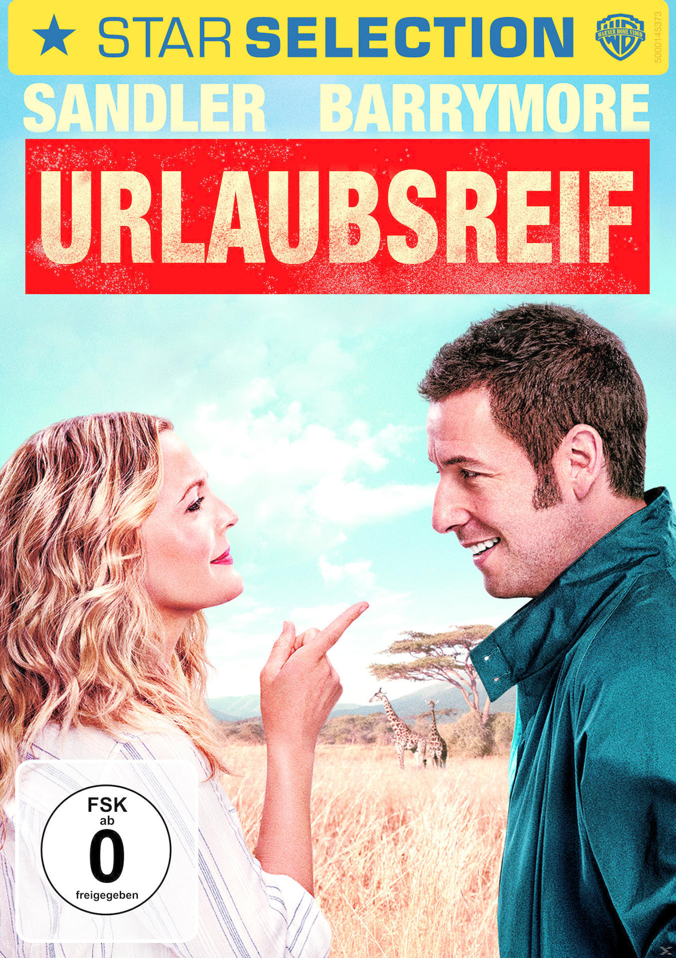 Filmcover, Adam Sandler und Drew Barrymore schauen sich an, Giraffen im Hintergrund, Titel 'Urlaubsreif'.