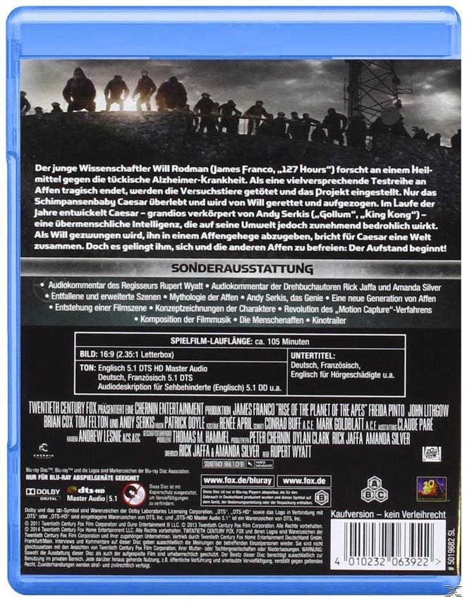 Rückseite einer Blu-ray-Hülle mit Bildern von Affen und Text zum Film.