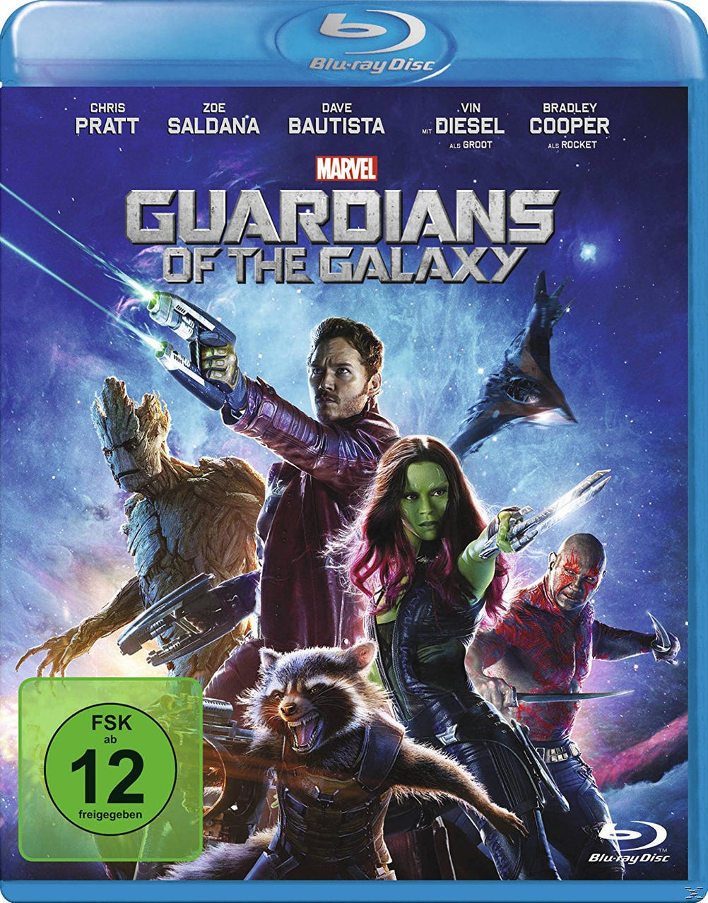 Guardians of the Galaxy Blu-ray-Cover. Chris Pratt, Zoe Saldana und andere sind abgebildet.
