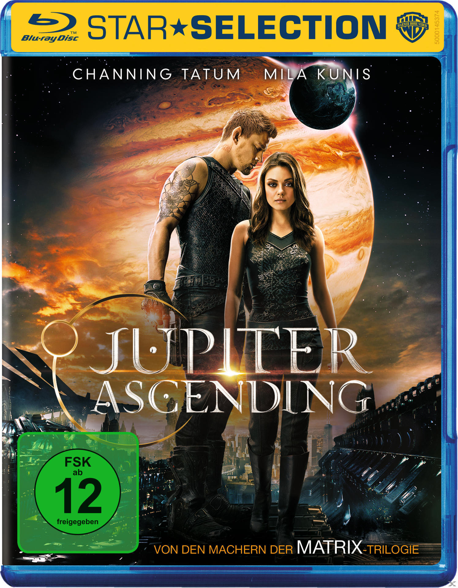 Blu-ray-Cover von Jupiter Ascending. Ein Paar mit Weltraumhintergrund.