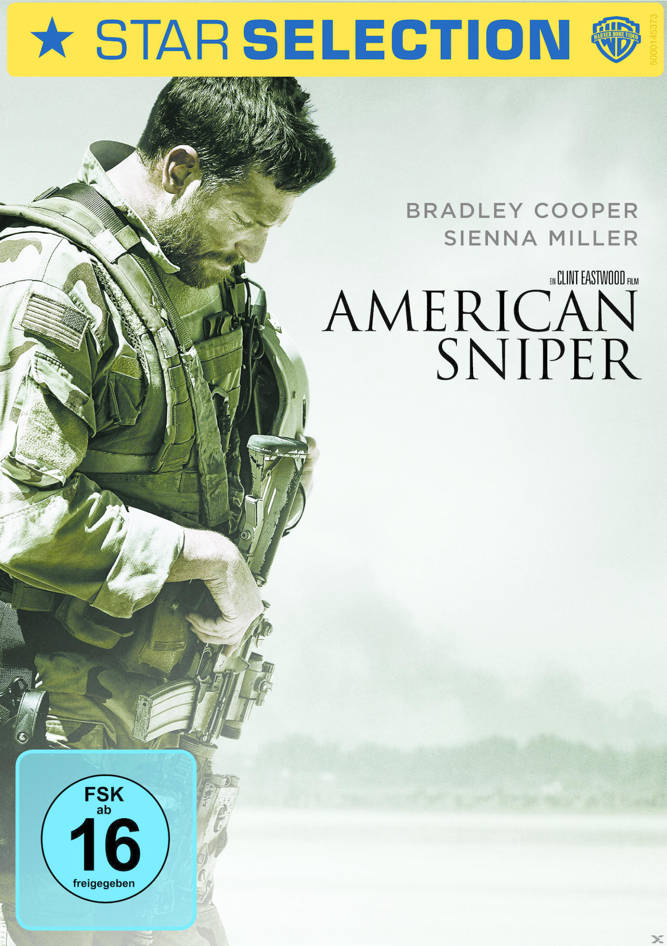 Filmposter. Ein Mann in Militäruniform blickt nach unten. Titel: American Sniper.