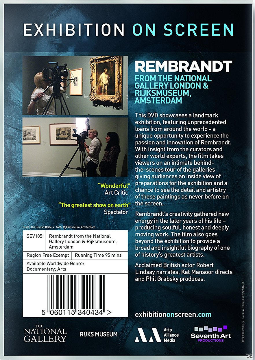 Rembrandt-Ausstellung auf dem Bildschirm DVD-Cover, mit einem Gemälde und Personen, die filmen.