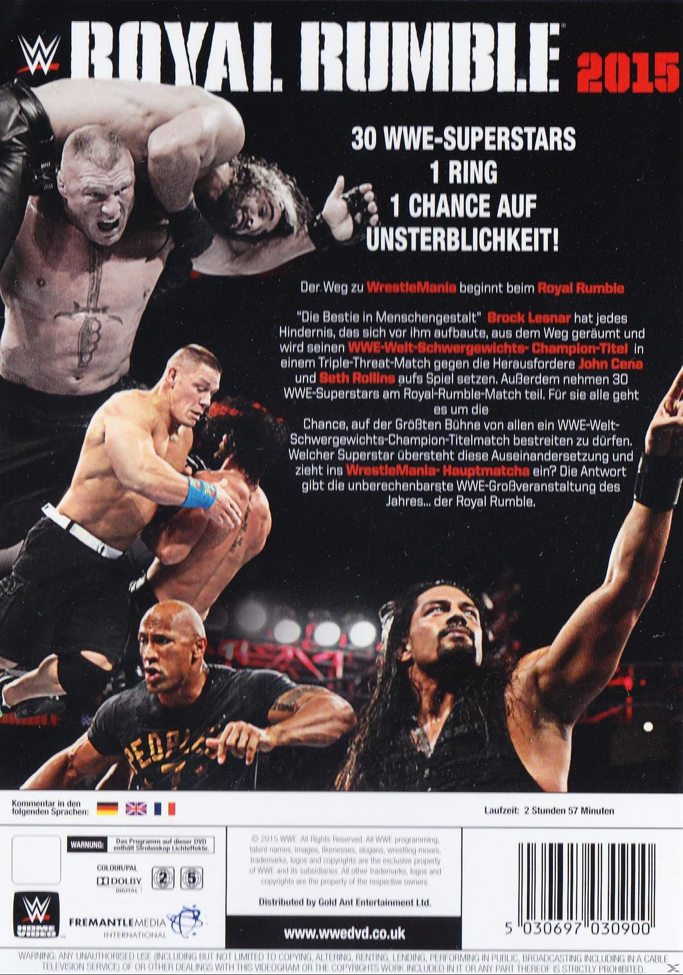 DVD-Cover: Wrestler in Aktion, Text über WWE Royal Rumble.