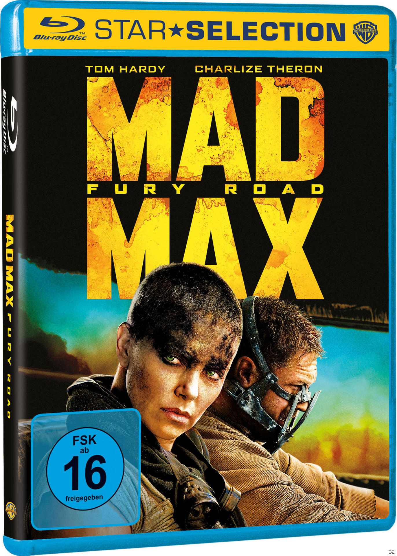 DVD-Cover von Mad Max: Fury Road, mit Tom Hardy und Charlize Theron und Text.