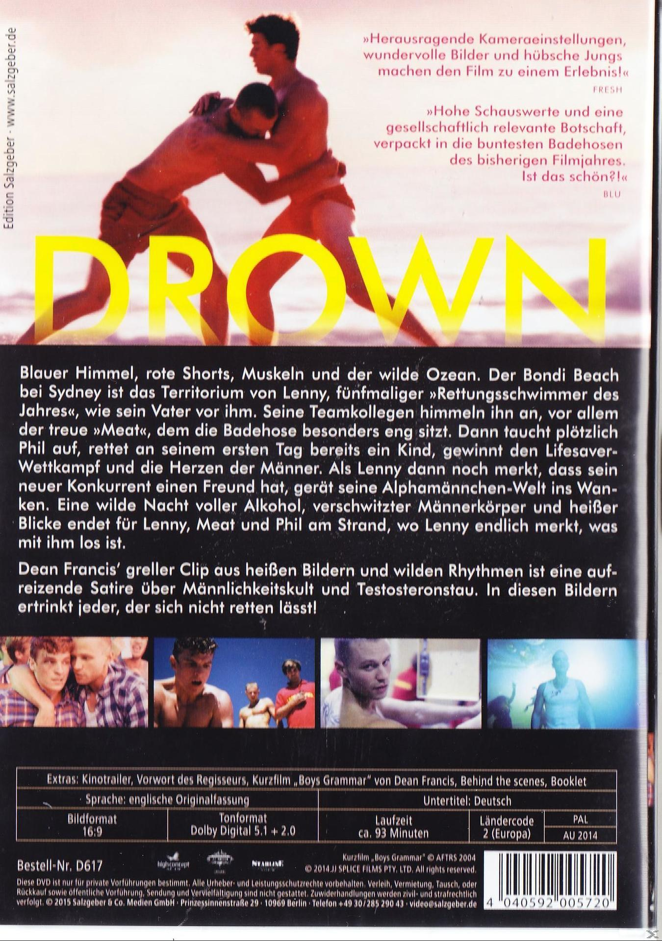 DVD-Hülle mit Text und Bildern von zwei Männern. Text auf Deutsch. Der Titel ist Drown.