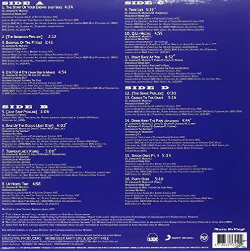 Album-Rückseite mit Titellisten, Credits und blauem Hintergrund. Text ist weiß.