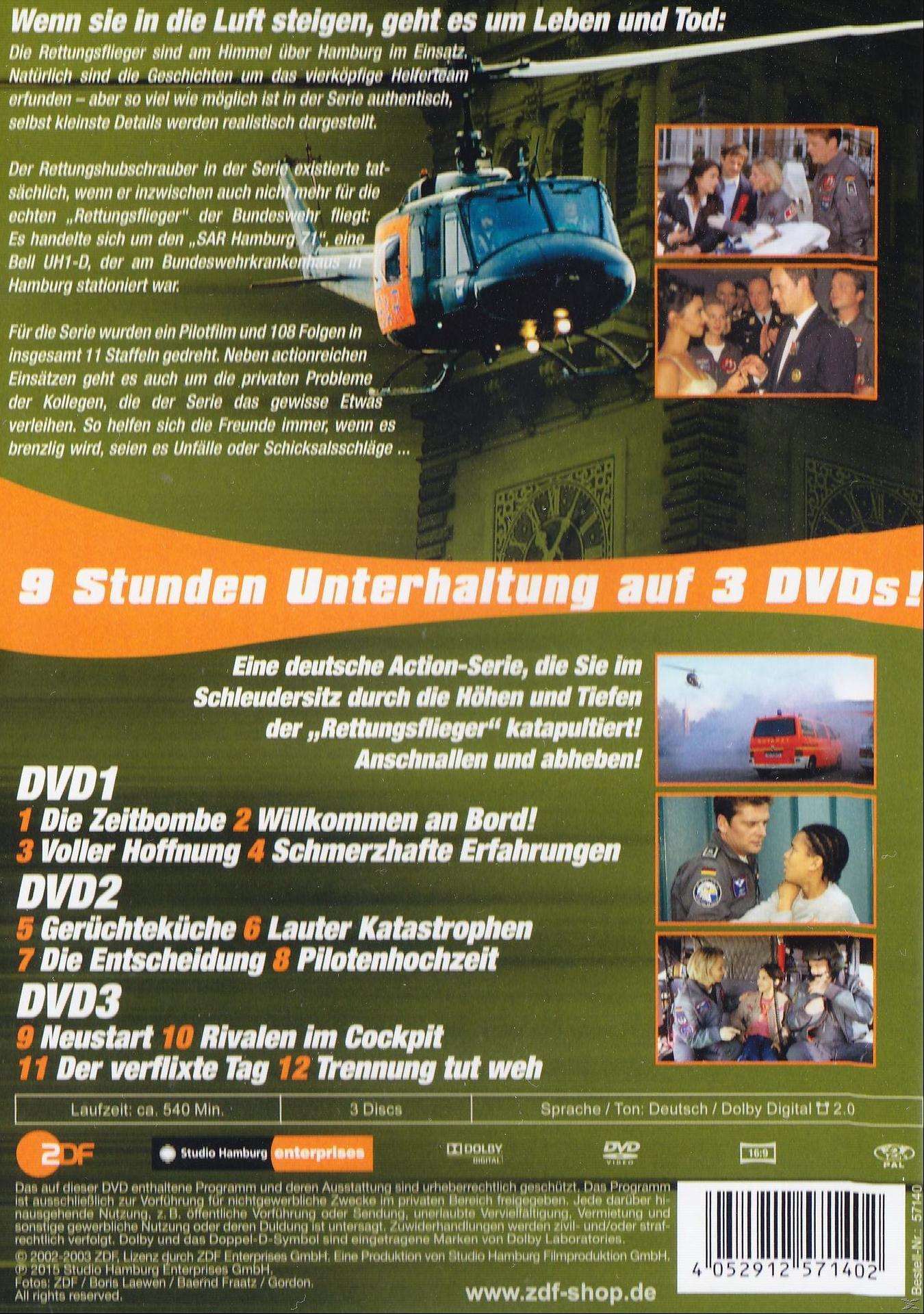 DVD-Cover: Szenen eines Hubschraubers und Personen mit deutschem Text.