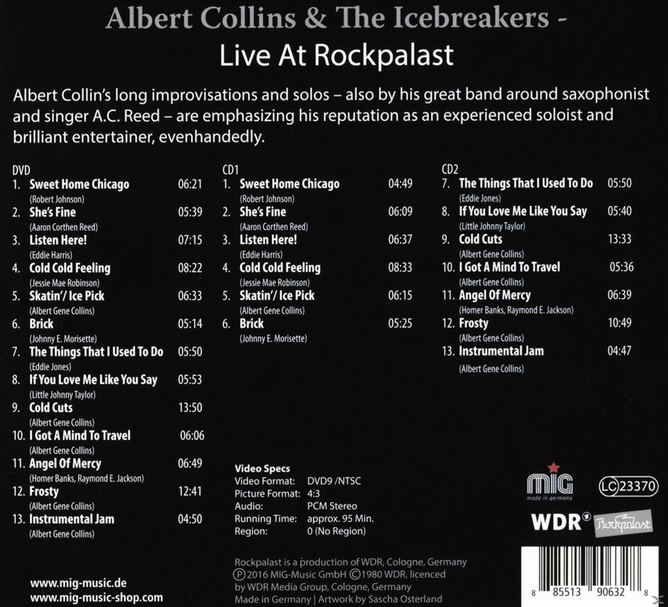 CD-Cover mit Textlisten und einer DVD-Liste. Weißes und schwarzes Farbschema.