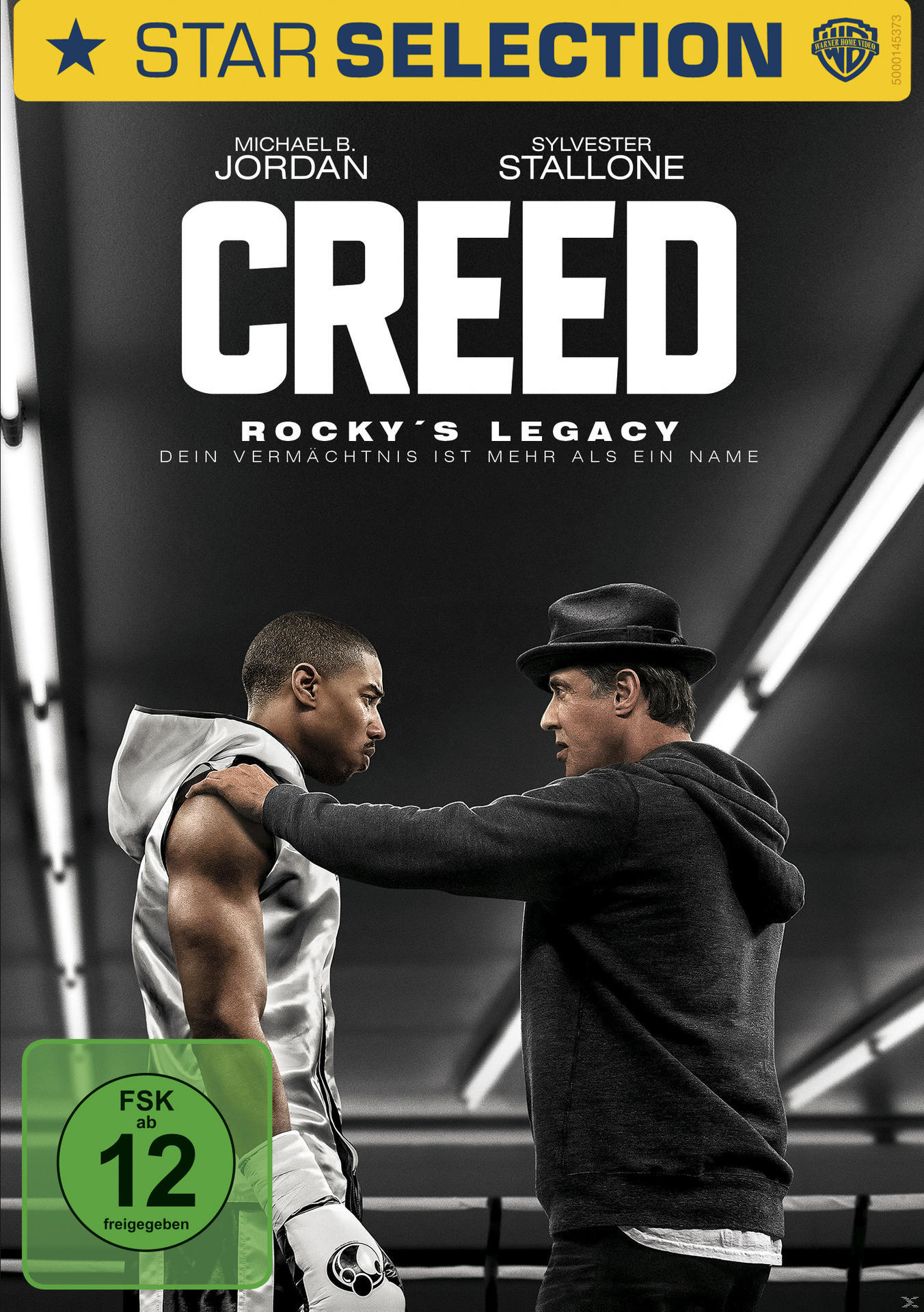 Filmcover, zwei Männer schauen sich an, Titel 'Creed'. Sylvester Stallone, Michael B. Jordan. FSK 12 Aufkleber.