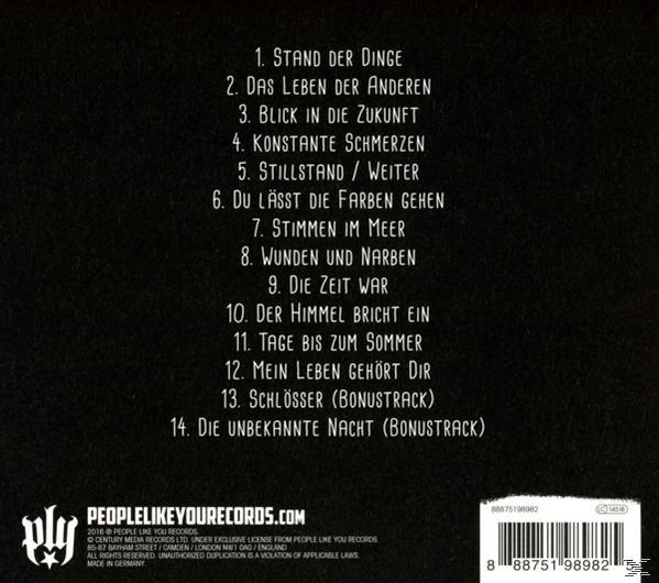Rückseite einer CD mit deutschen Songtiteln, einem Logo und Urheberrechtsinformationen, dunkler Hintergrund.