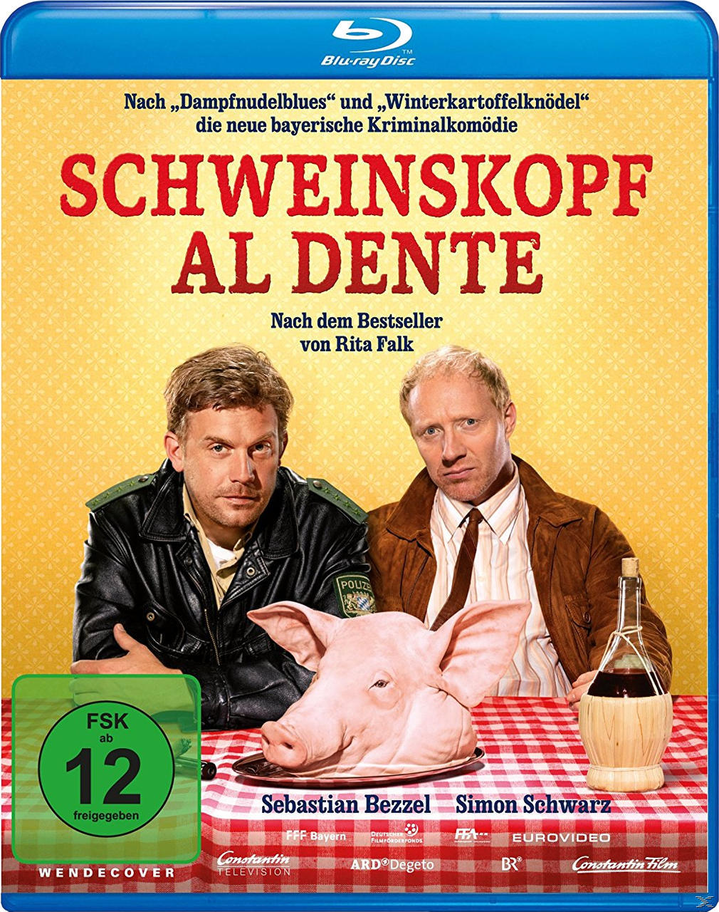 DVD-Cover mit zwei Männern, einem Schwein, Wein und Text auf Deutsch, ein grünes Rating-Label.