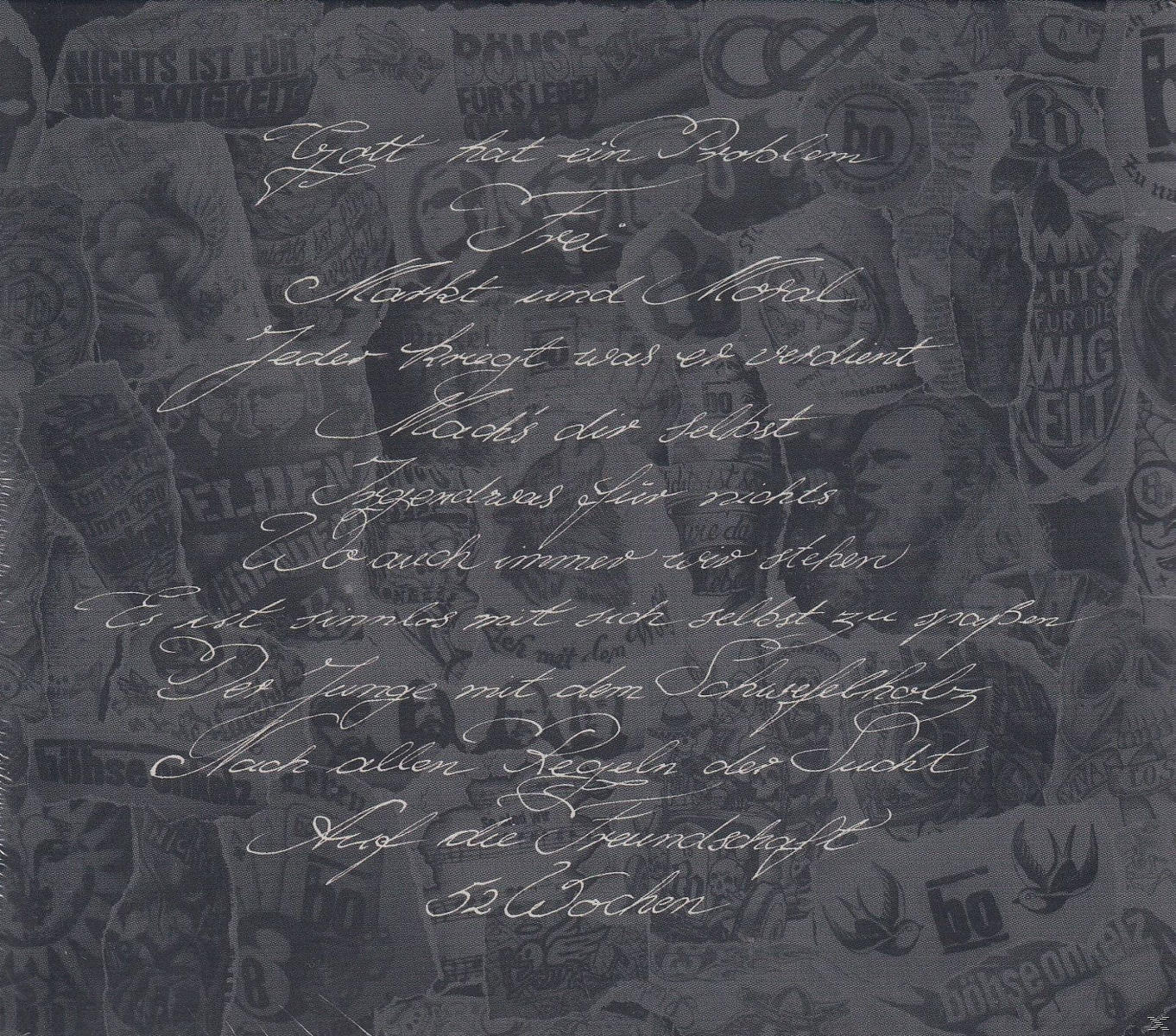 Grauer Hintergrund mit handschriftlichem Text. Es gibt viele kleine Bilder und Symbole.