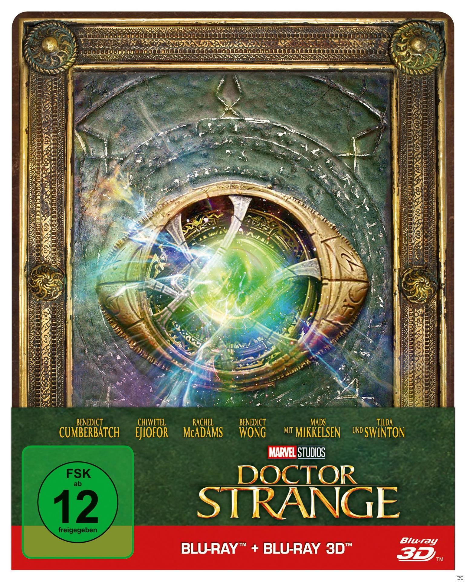 Blu-ray-Cover. Ein goldener Rahmen umgibt ein Portal. Text: DOCTOR STRANGE. Schauspieler: Benedict Cumberbatch und andere.