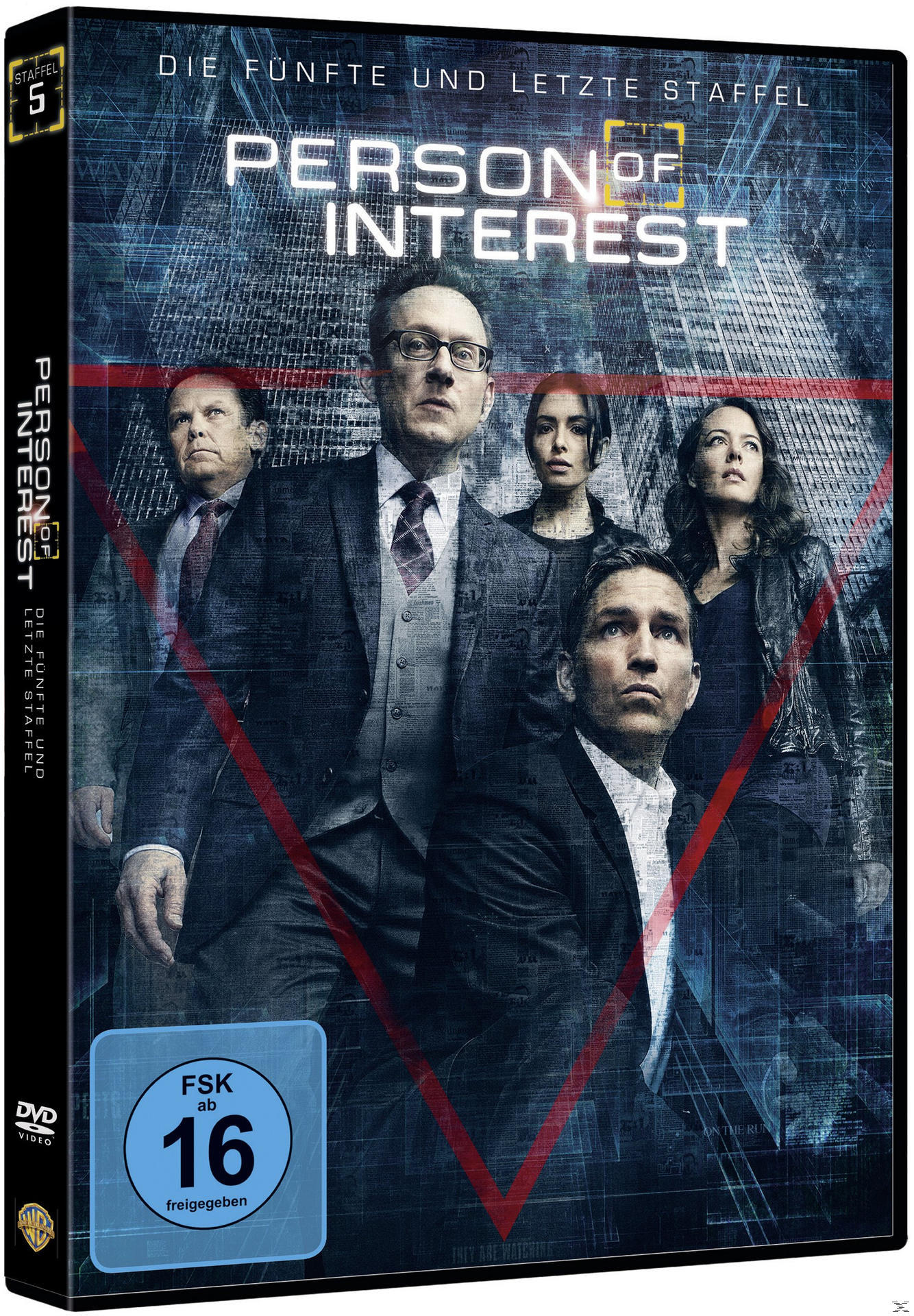 Person of Interest Staffel 5 DVD-Cover. Zeigt fünf Personen in Anzügen mit einem blau-roten Design.