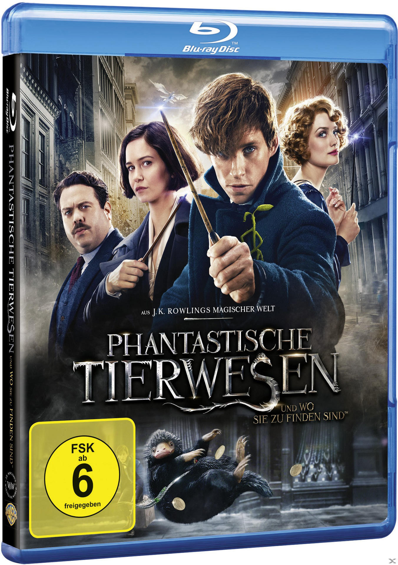 Blu-ray-Cover für 'Phantastische Tierwesen' mit vier Charakteren in dunkler Umgebung, Logo und Titeltext.