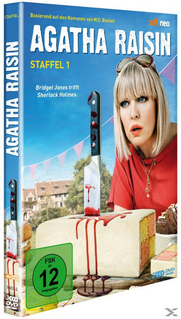 DVD-Cover für Agatha Raisin, eine Frau mit Kuchen und Messer.