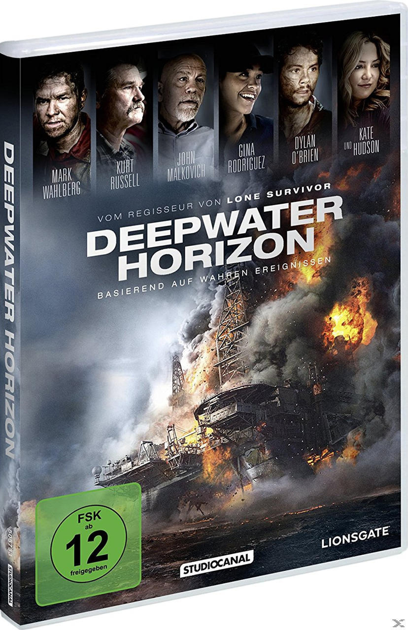 DVD-Hülle des Films Deepwater Horizon. Schauspieler auf dem Cover, Ölbohrinsel in Flammen.
