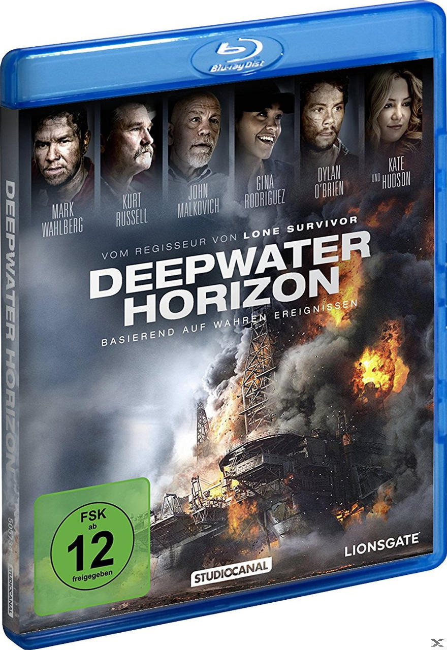 Filmcover für 'Deepwater Horizon' mit Bildern der Besetzung und Titeltext sowie einer blauen Blu-ray-Hülle.
