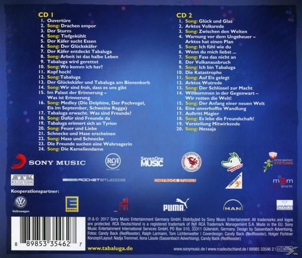 CD-Rückseite mit Titellisten und Logos, blaues und weißes Farbschema.