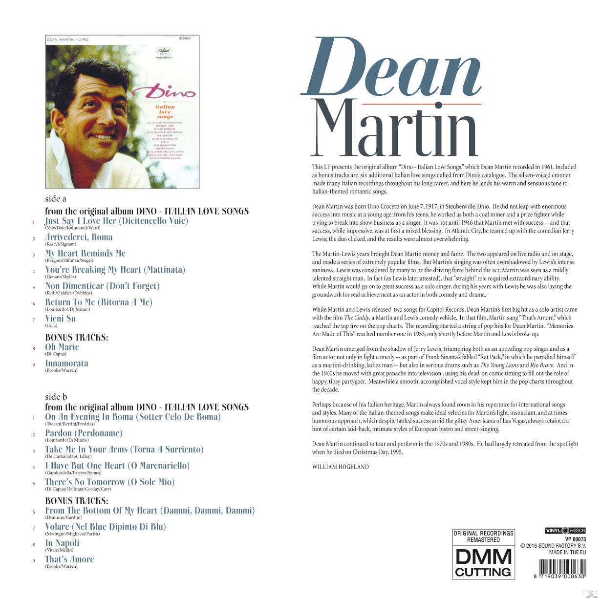 Dean Martin mit Albumcover und Texten von 'Dino - Italian Love Songs'.