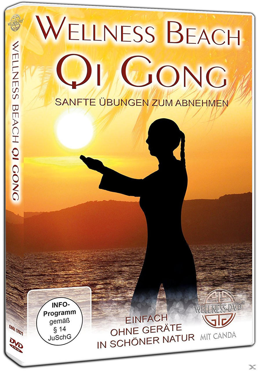 DVD-Hülle für Wellness Beach Qi Gong. Zeigt eine Silhouette einer Person, die bei Sonnenuntergang Qi Gong macht.