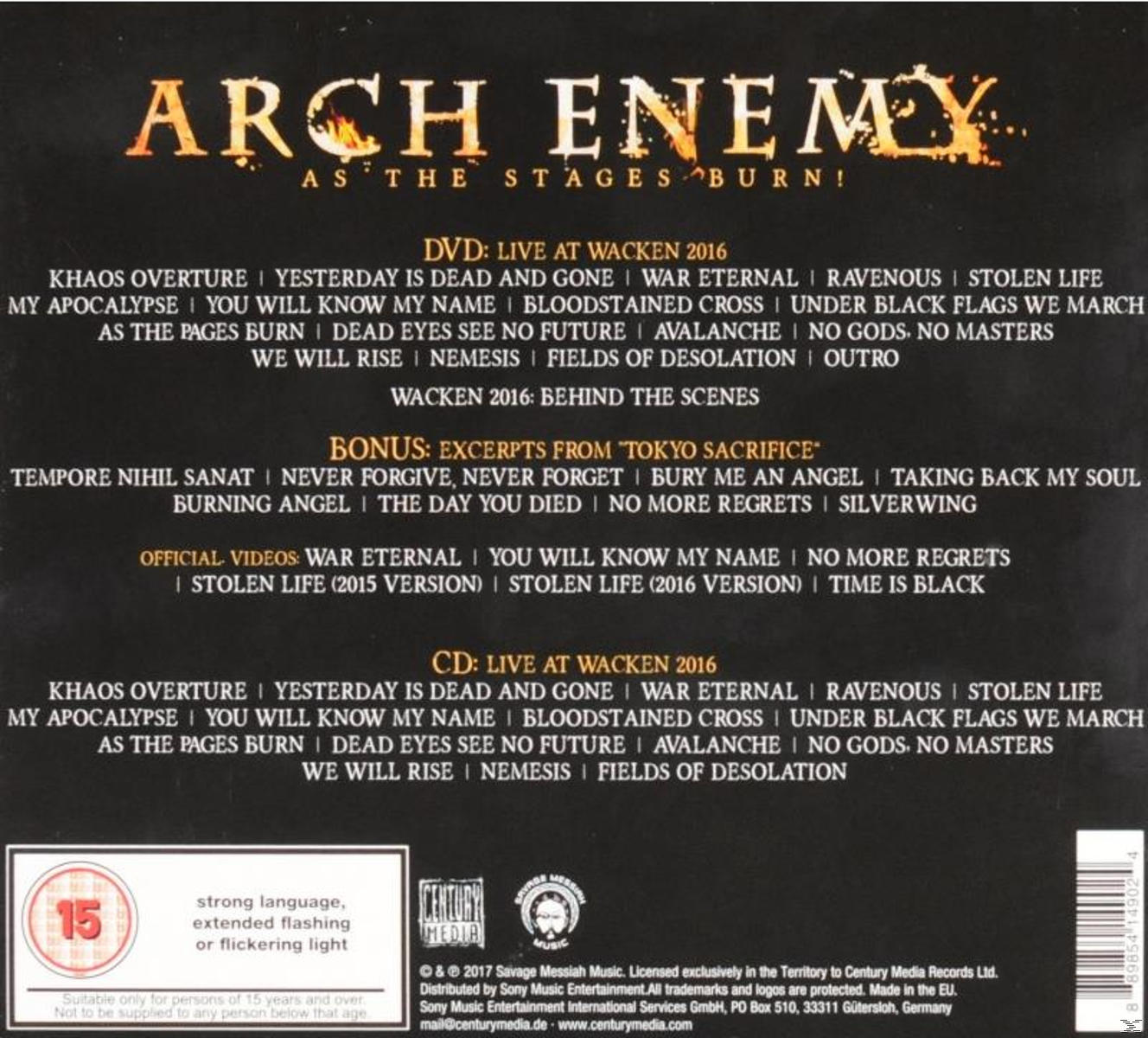 CD-Rückseite mit Titeln, Bandmitgliedernamen und einer Warnung für Eltern.