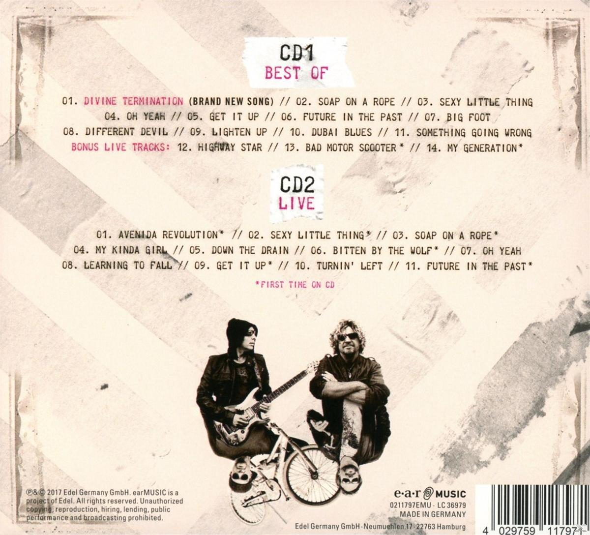CD-Cover: Best of. Zwei Männer mit Gitarren auf einem Fahrrad. Text: Divine Termination, Oh Yeah und mehr.
