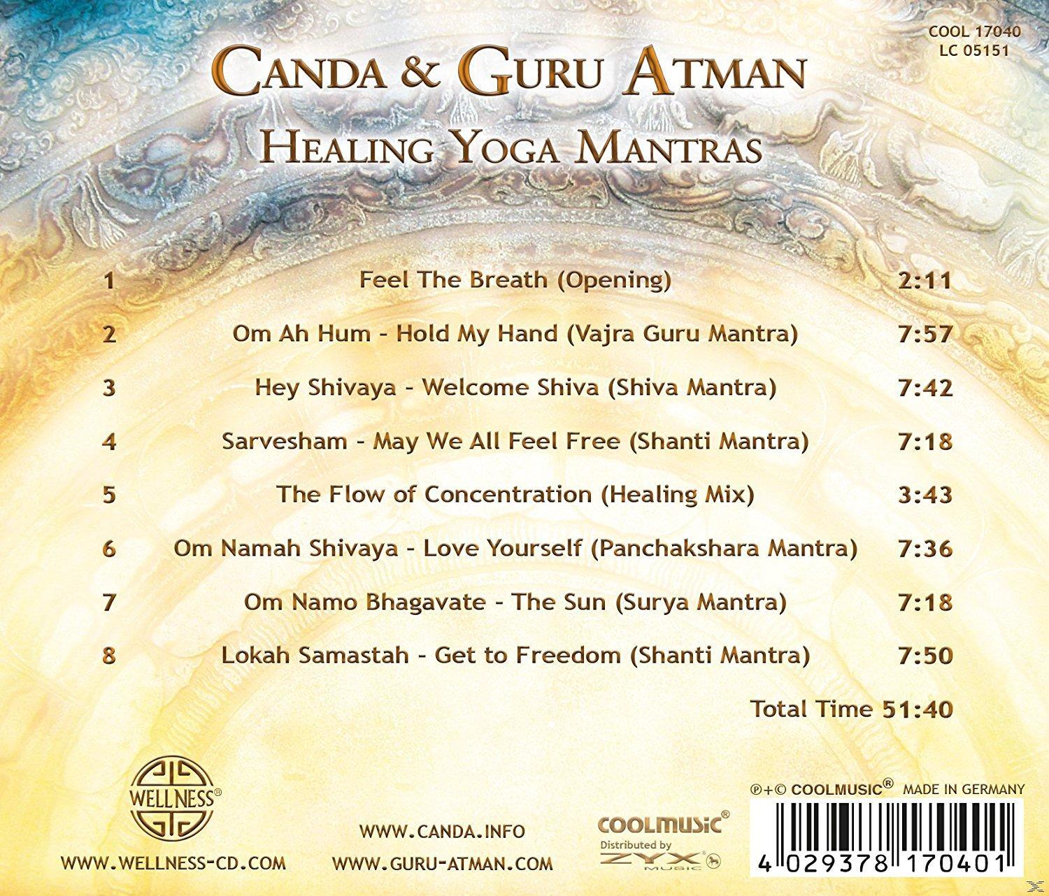 CD-Cover: Titel 'Healing Yoga Mantras', mit Titelliste. Hintergrundmuster.