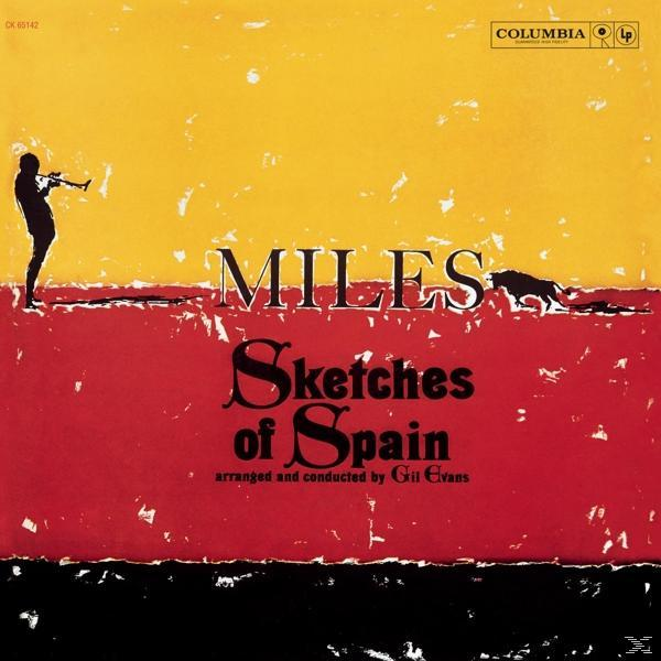 Albumcover: Miles Davis, Trompeten-Silhouette, rot/gelber Hintergrund, Text: Sketches of Spain. Jazz-Album.