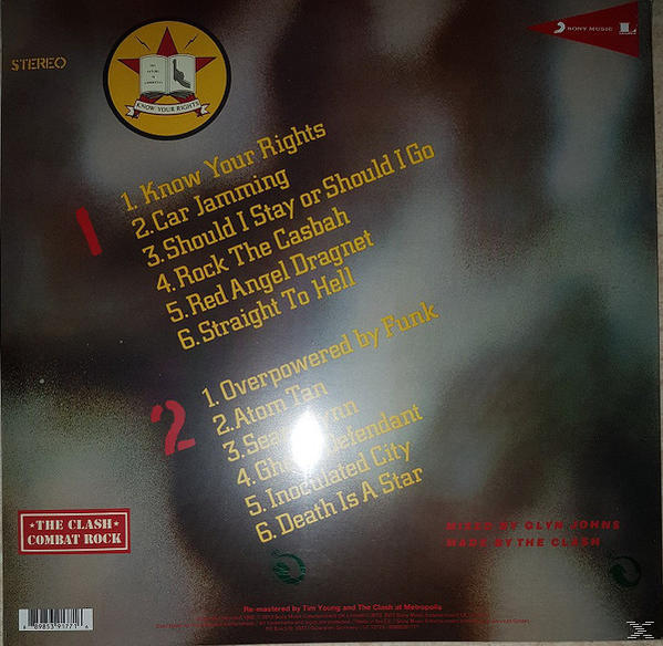 Das Clash-Albumcover mit einer roten und weißen Titelliste. Der Hintergrund ist eine braune Textur.