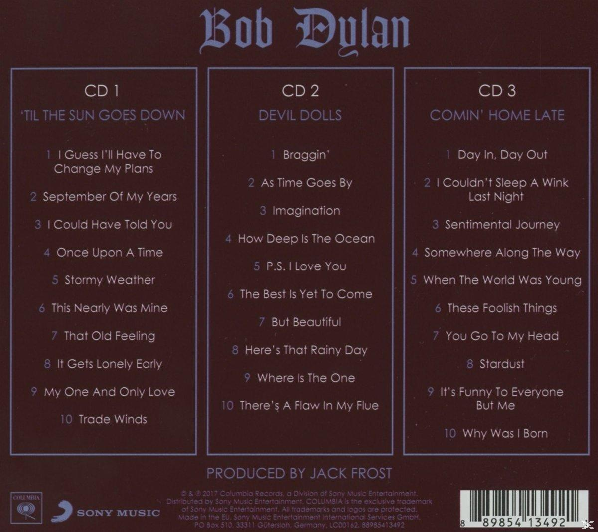 Albumcover mit Bob Dylan Titel und drei Spalten mit Titeln von drei CDs.