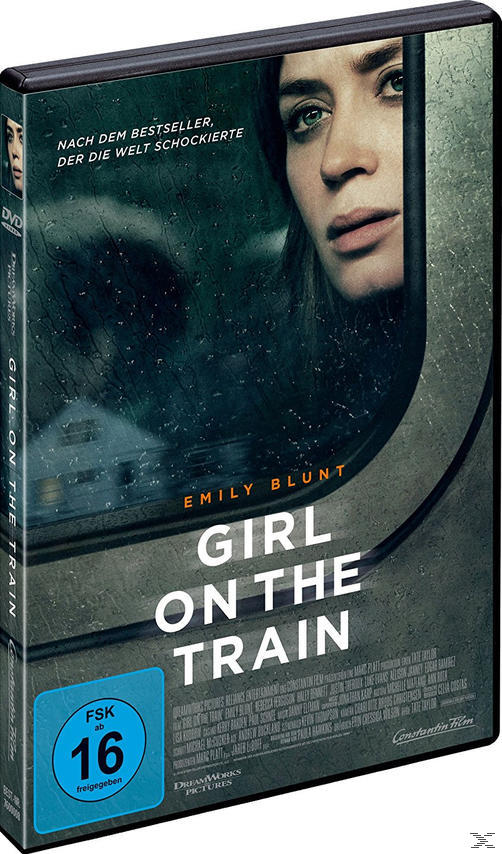 DVD-Cover für "Girl on the Train" mit Emily Blunt. Das Cover zeigt einen Zug und eine Frau, die hinausblickt.
