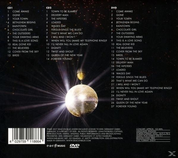 Rückseite einer CD mit Titellisten für drei CDs und eine DVD, goldene Discokugel in der Mitte.