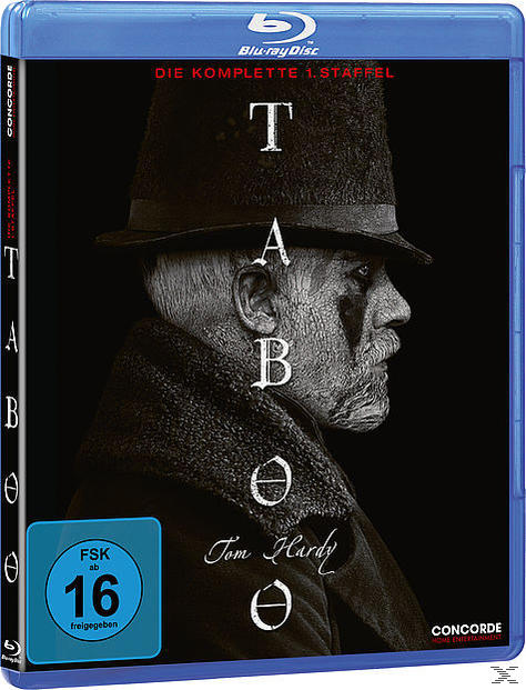 Blu-ray-Cover von Taboo mit Tom Hardy. Er trägt einen hohen Hut, schwarzer Hintergrund und ein Tattoo im Gesicht.