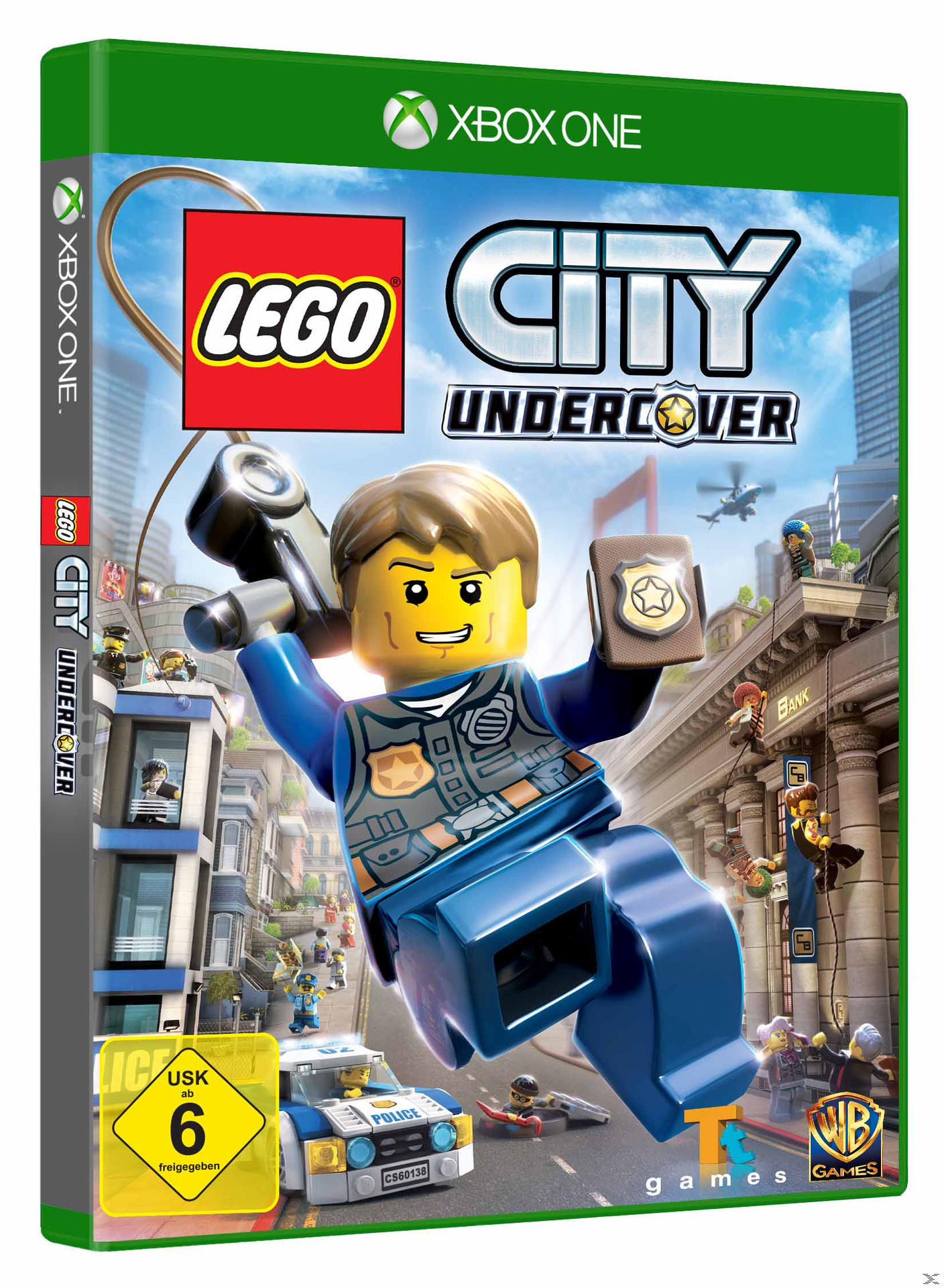 Lego City Undercover Spielbox. Lego-Figur mit Abzeichen. Heller Stadt-Hintergrund.