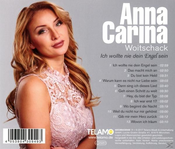 Ein Albumcover mit einer Frau, Anna Carina, und Text über ihren Song "Ich wollte nie dein Engel sein".