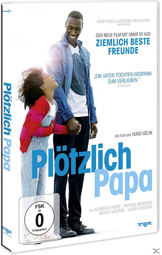 Blu-ray-Cover mit einem schwarzen Mann und einem lachenden Mädchen, die Hände halten. Titel: Plötzlich Papa.