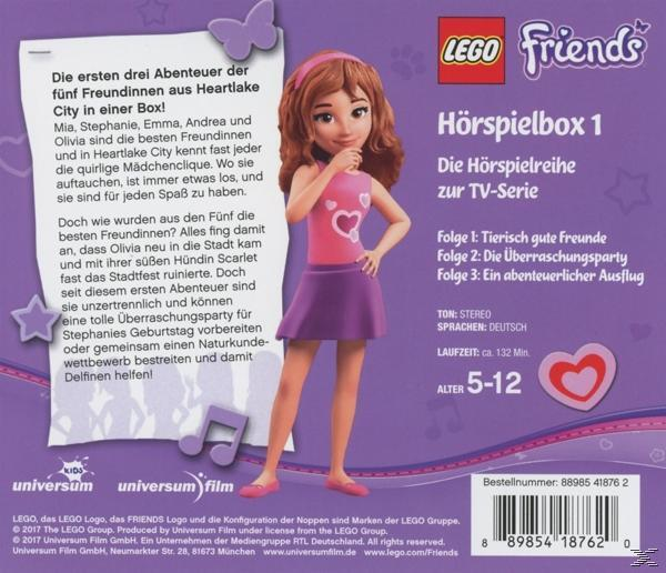 Eine Lego Friends Box mit einem Cartoon-Mädchen rechts und Text und Bildern links.