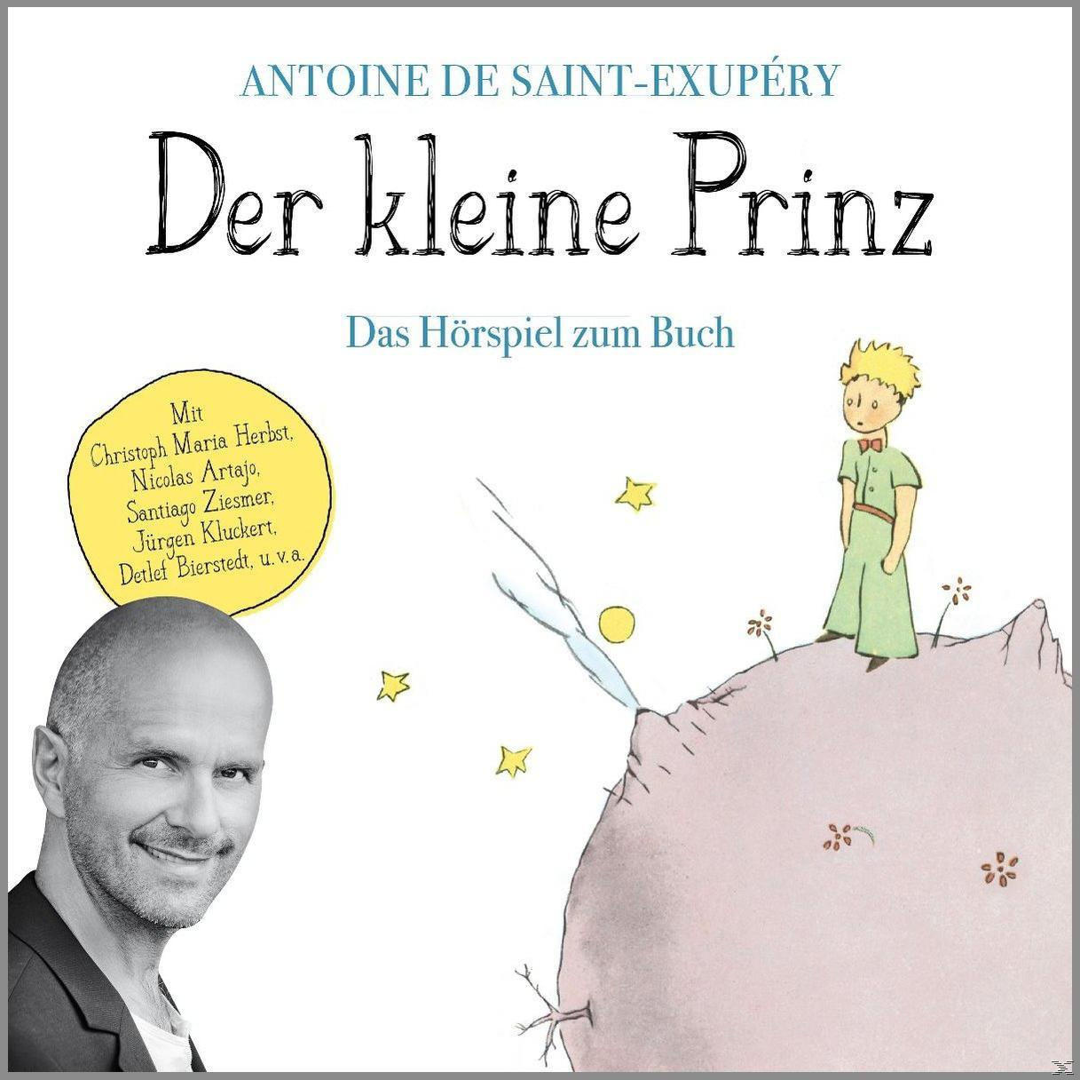 Buchcover mit dem Text 'Der kleine Prinz'. Enthält einen Mann und eine Planetenillustration.