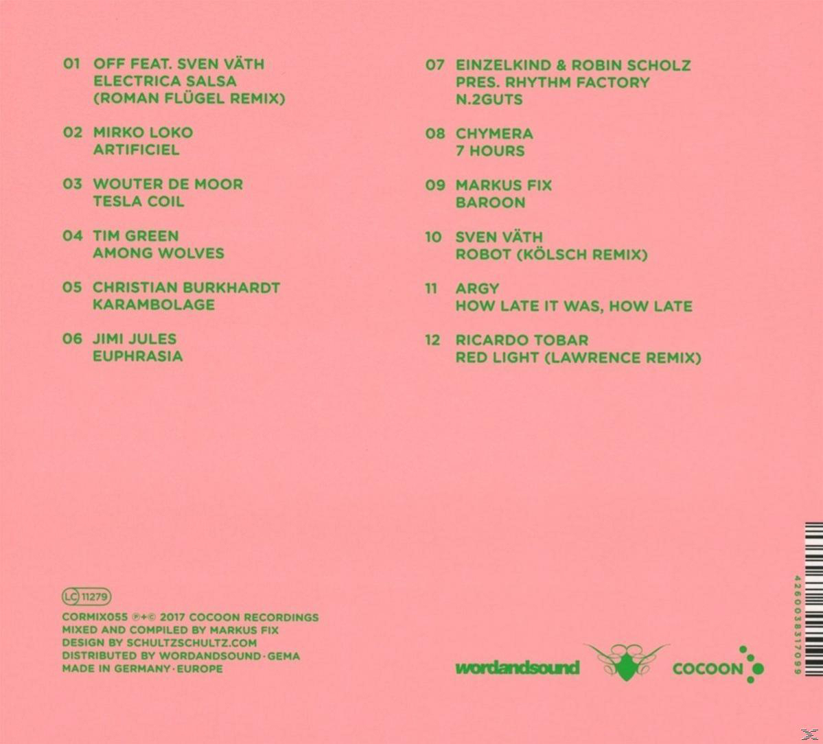 Albumcover mit Songtiteln. Grün-rosa Farbschema mit Text. Text: 'Wordandsound', 'Cocoon'.