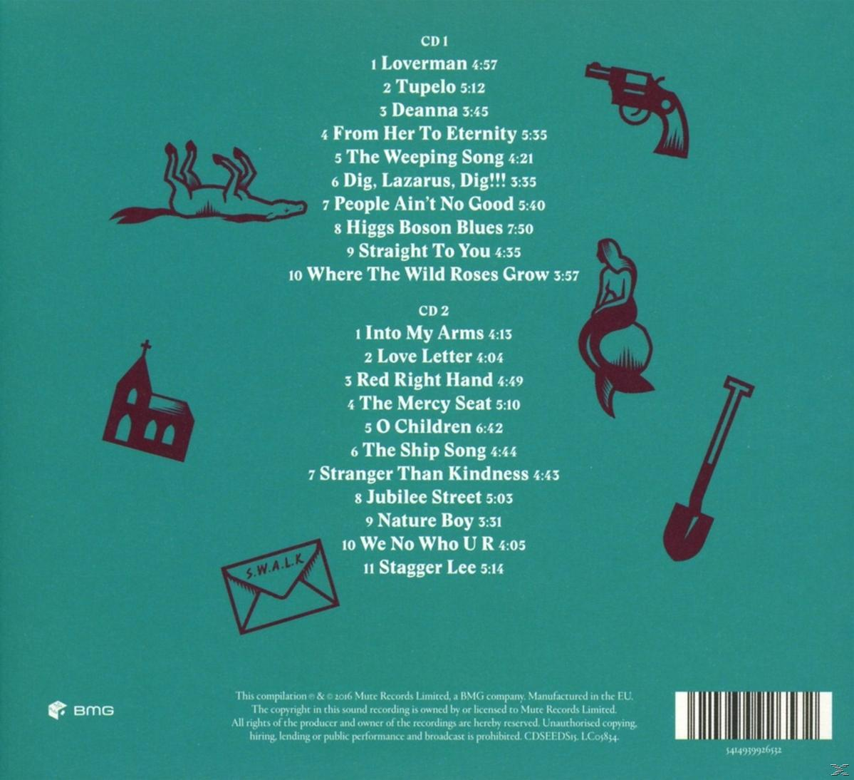 Illustrationen von Gitarre, Meerjungfrau, Kirche, Schaufel, Brief und Pferd auf Albumcover.