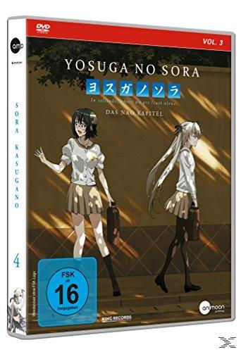 DVD-Hülle mit zwei Anime-Mädchen, die gehen. Text: YOSUGA NO SORA, Das NaO Kapitel, FSK 16. Die Hülle ist Vol. 3.