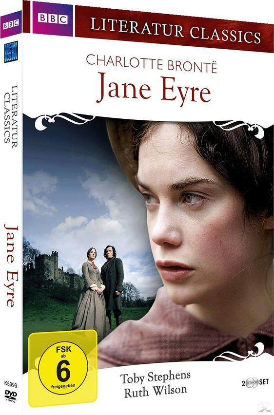 DVD-Cover. Titel: Jane Eyre. Das Gesicht einer Frau und ein Paar stehen in einer grünen Landschaft.