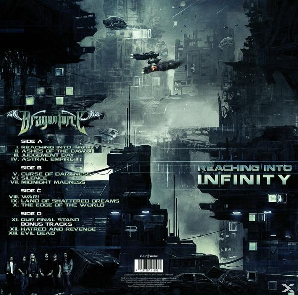 Albumcover mit futuristischer Stadtszene, Albumtitel und Titelliste.
