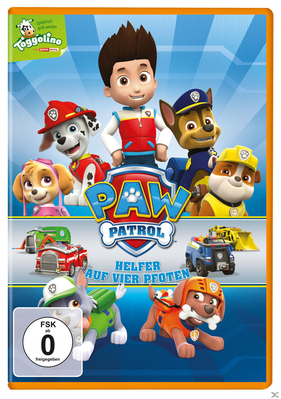 PAW Patrol DVD-Cover. Zeichentrickfiguren der Paw Patrol. Blauer Hintergrund.
