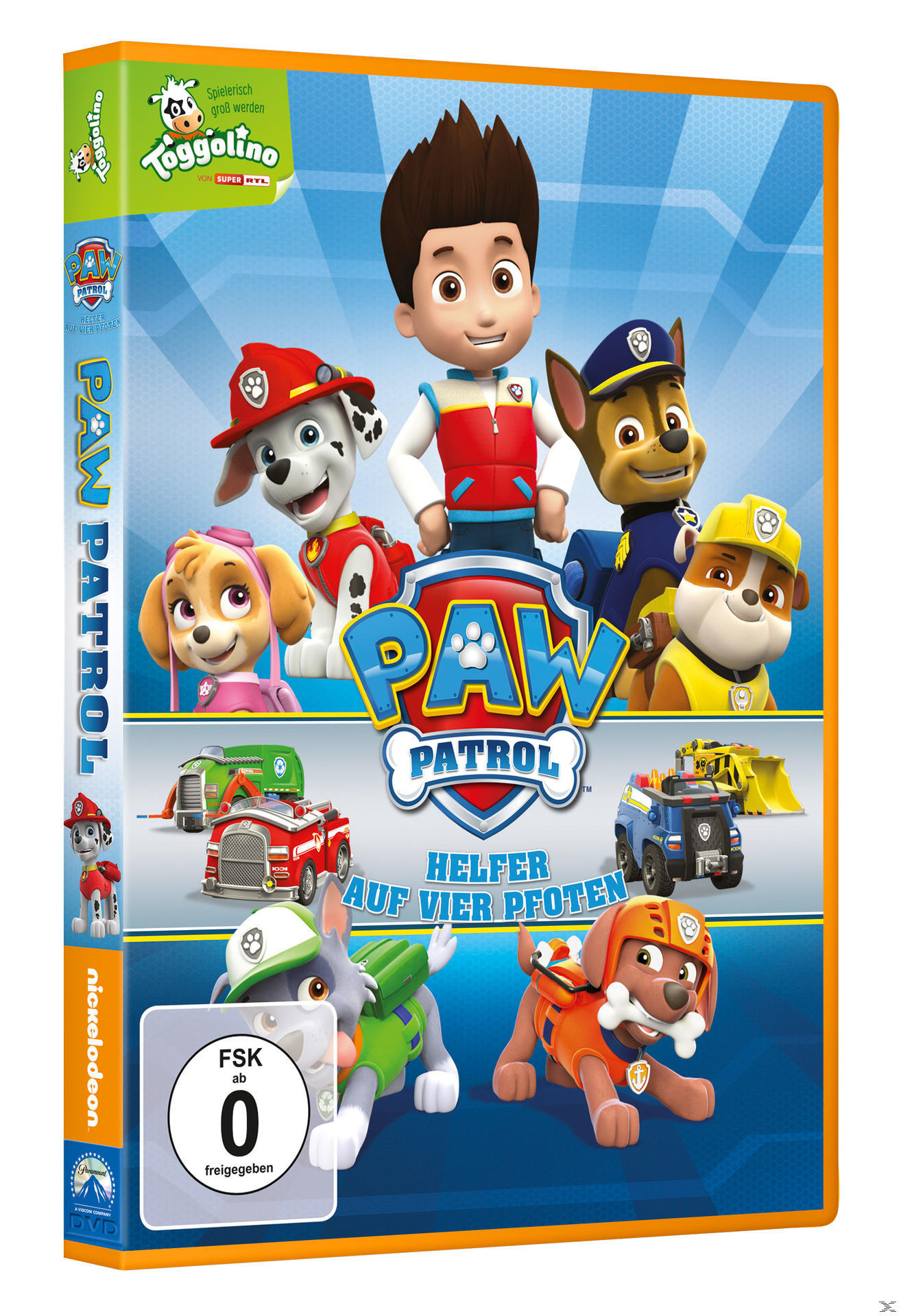DVD-Cover von Paw Patrol mit Zeichentrickhunden und Figuren.